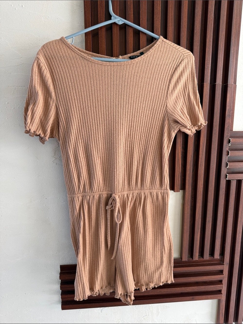 SHEIN Beige Ribbed Knit Romper with Drawstring
